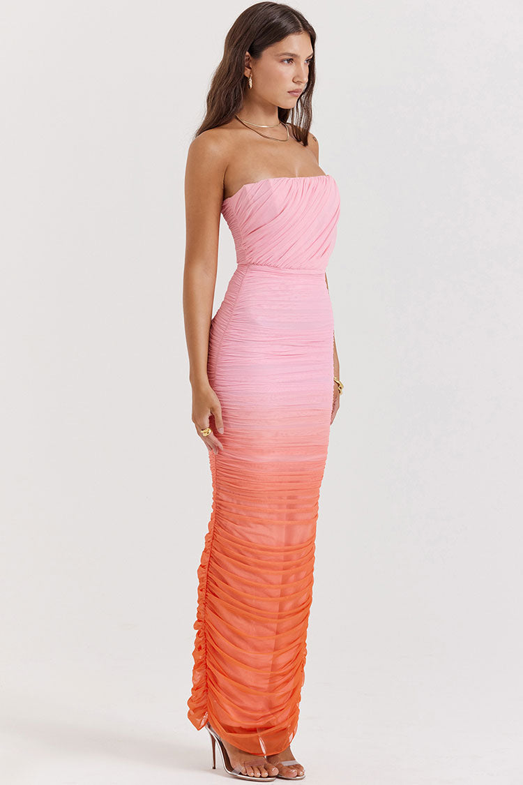 Gradient Strapless Mesh Ruched Bodycon Corset Evening Maxi Dress - Pink