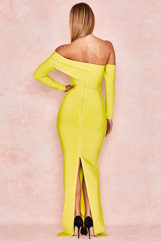 Long Sleeve Off Shoulder Slit Bandage Maxi Prom Formal Dress - Yellow