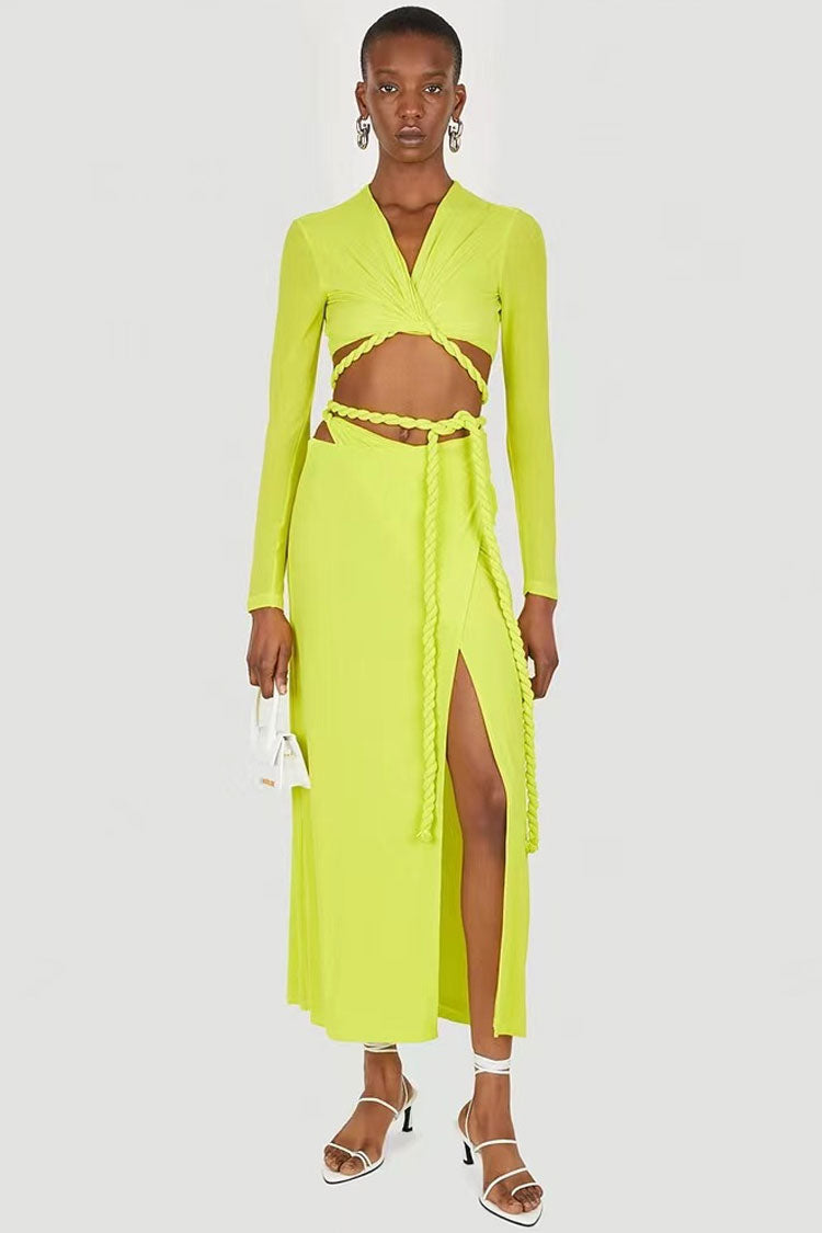 Long Sleeve Rope Wrap Top Split Skirt Two Piece Midi Dress - Lime Green