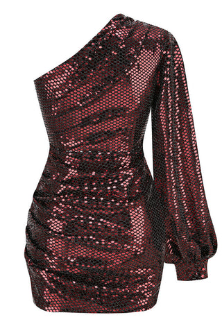 Metallic Bishop Sleeve One Shoulder Ruched Party Mini Dress - Wine Red