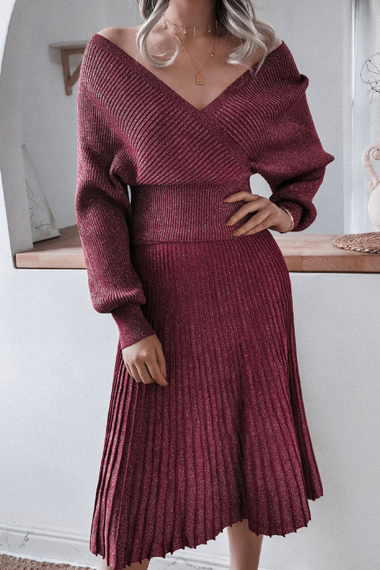 Metallic Lurex Rib Knit Off Shoulder Sweater Two Piece Midi Dress - Burgundy