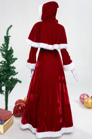 Mrs Claus Christmas Hooded Faux Fur Long Sleeve Belted Party Maxi Dress - Red