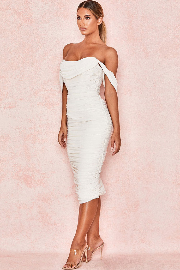 Off Shoulder Ruched Bodycon Cocktail Party Dress - White
