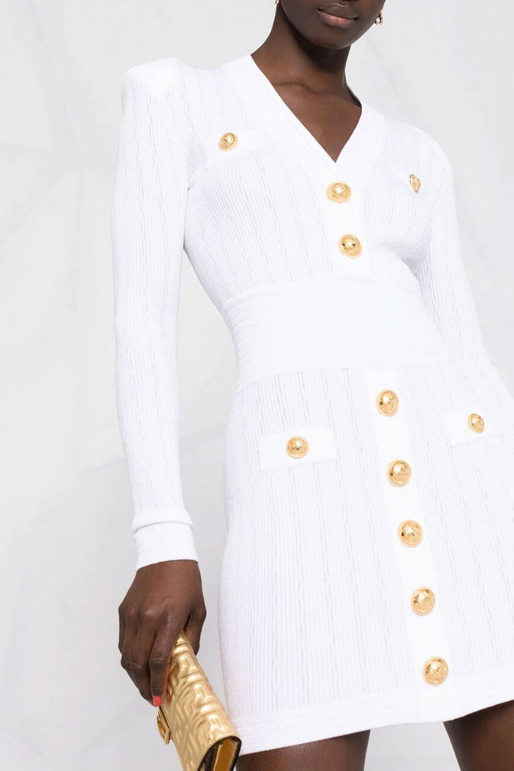 OL Button Trim Long Sleeve Winter Ribbed Sweater Mini Dress - White
