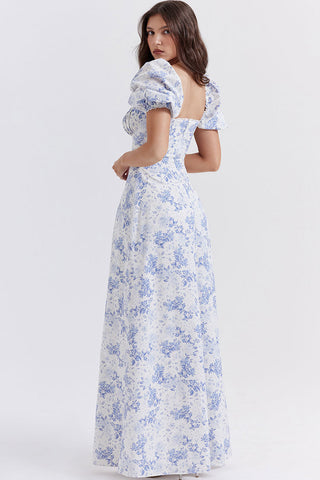 Pretty Tie Neck Puff Sleeve Floral Print Puff Sleeve Summer Maxi Sundress - Blue