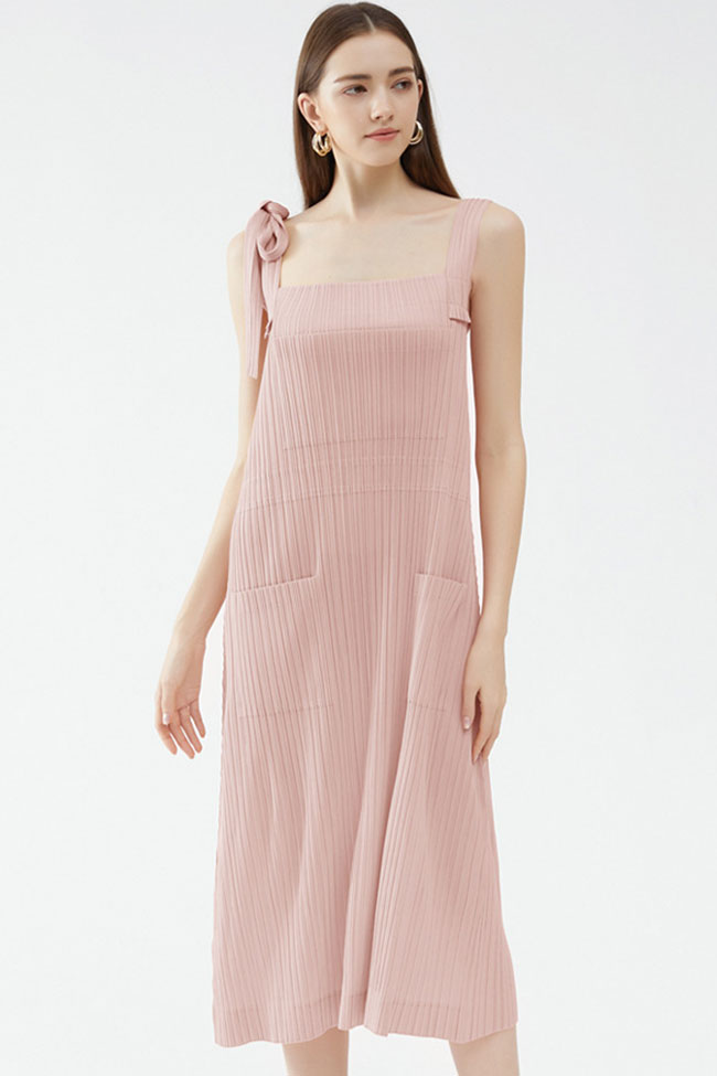 Relaxed Square Neck Tie Strap Pocketed A Line Pleated Midi Sundress - Pink