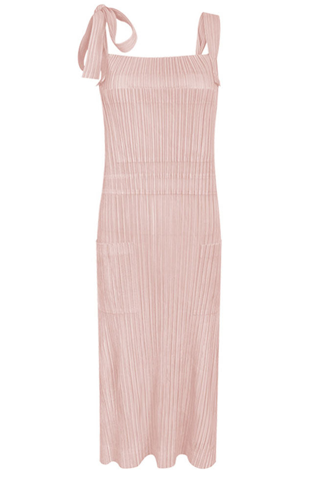 Relaxed Square Neck Tie Strap Pocketed A Line Pleated Midi Sundress - Pink
