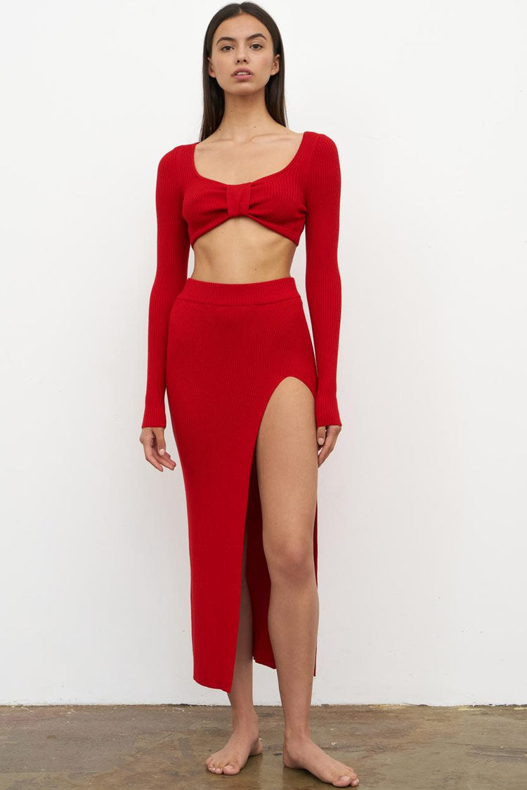 Ribbed Long Sleeve High Slit Two Piece Dress - Red