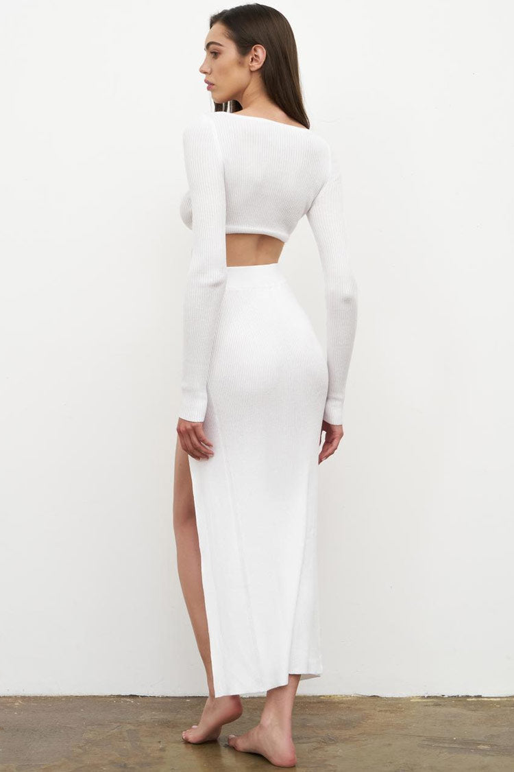 Ribbed Long Sleeve High Slit Two Piece Dress - White