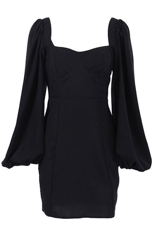 Romantic Sweetheart Neck Bishop Sleeve Bodycon Party Mini Dress - Black