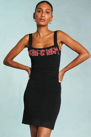 Rosy Embroidered Sleeveless French Knit Mini Sundress - Black