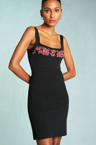 Rosy Embroidered Sleeveless French Knit Mini Sundress - Black