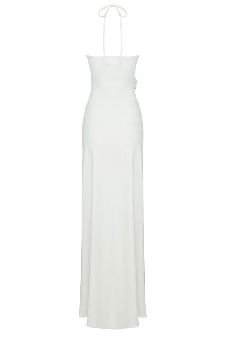 Sexy 3D Flower Trim Halter Neck Cutout Ruched Formal Maxi Dress - White