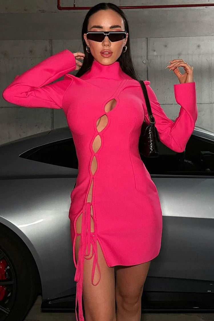 Sexy Cutout Bow Tie High Neck Long Sleeve Bandage Mini Dress - Hot Pink