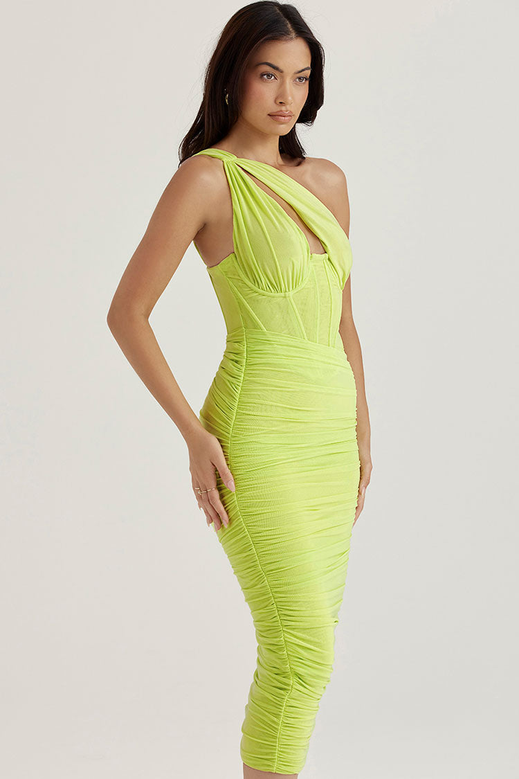 Sexy Cutout One Shoulder Ruched Bodycon Mesh Corset Midi Dress - Yellow