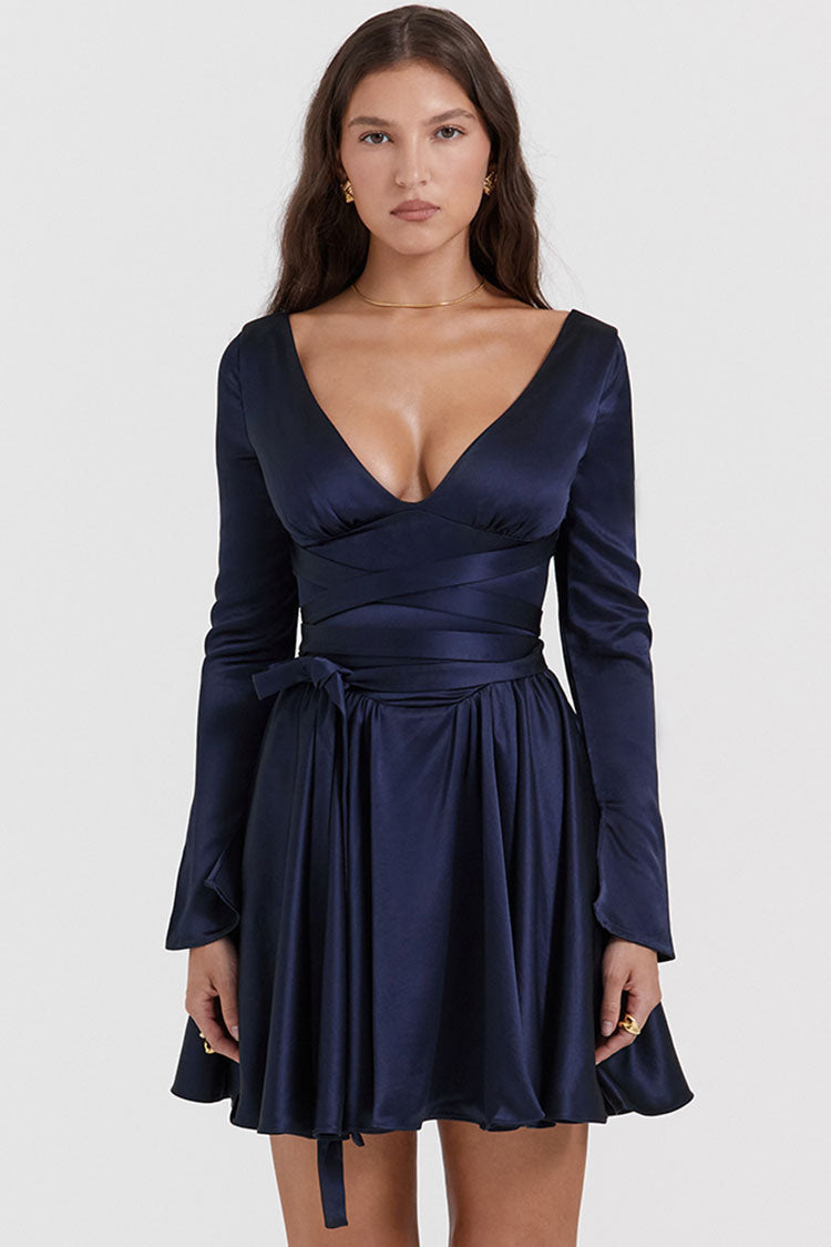Sexy Deep V Long Sleeve Wrap Tie Waist Silky Satin Party Mini Dress - Navy Blue