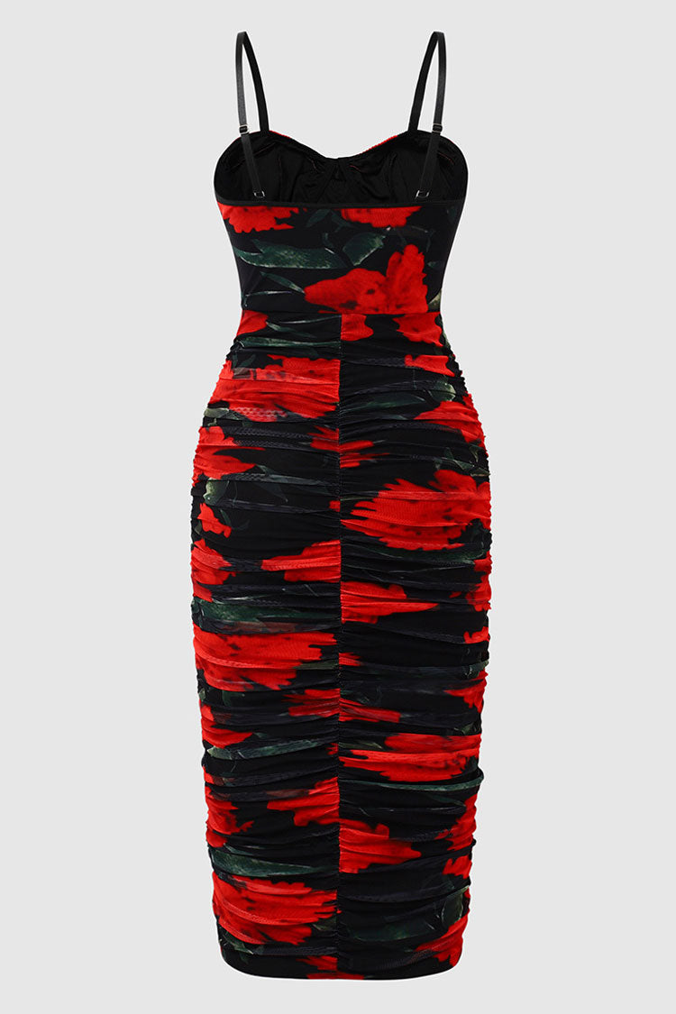 Sexy Floral Printed Mesh Ruched Bodycon Cocktail Party Midi Dress - Black