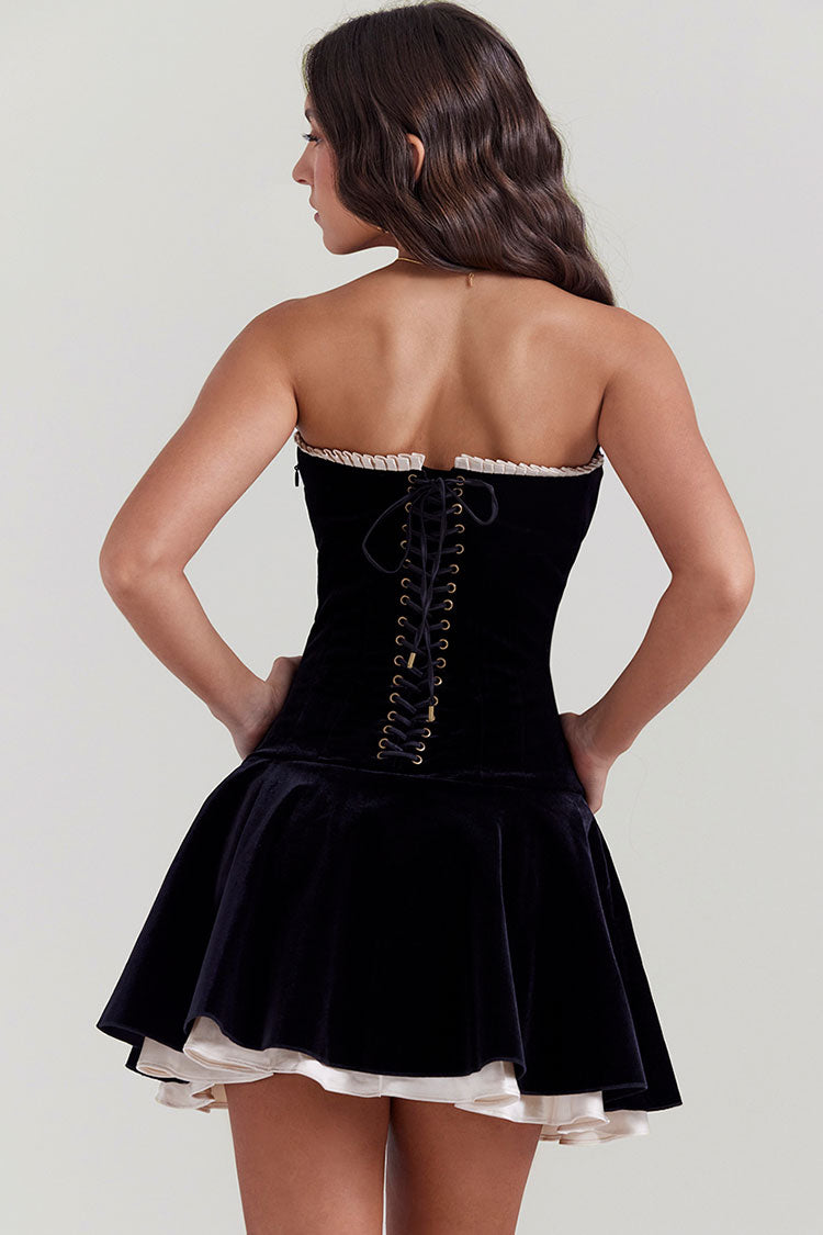 Sexy Frill Strapless Lace Up Satin Velvet Flared Corset Party Mini Dress - Black