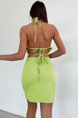 Sexy Halter Crop High Waist Split Skirt Two Piece Mini Dress - Green