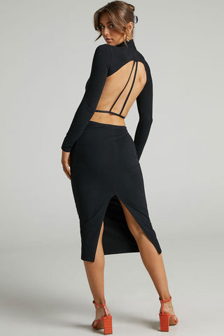 Sexy High Neck Long Sleeve High Slit Backless Midi Dress - Black