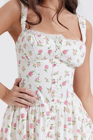 Sexy Lace Square Neck Lace Up Back Fit & Flare Midi Sundress - Floral