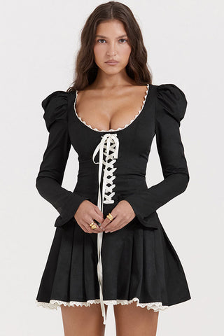 Sexy Lace Up Scoop Neck Puff Sleeve Ruffle Fit & Flare Party Mini Dress - Black