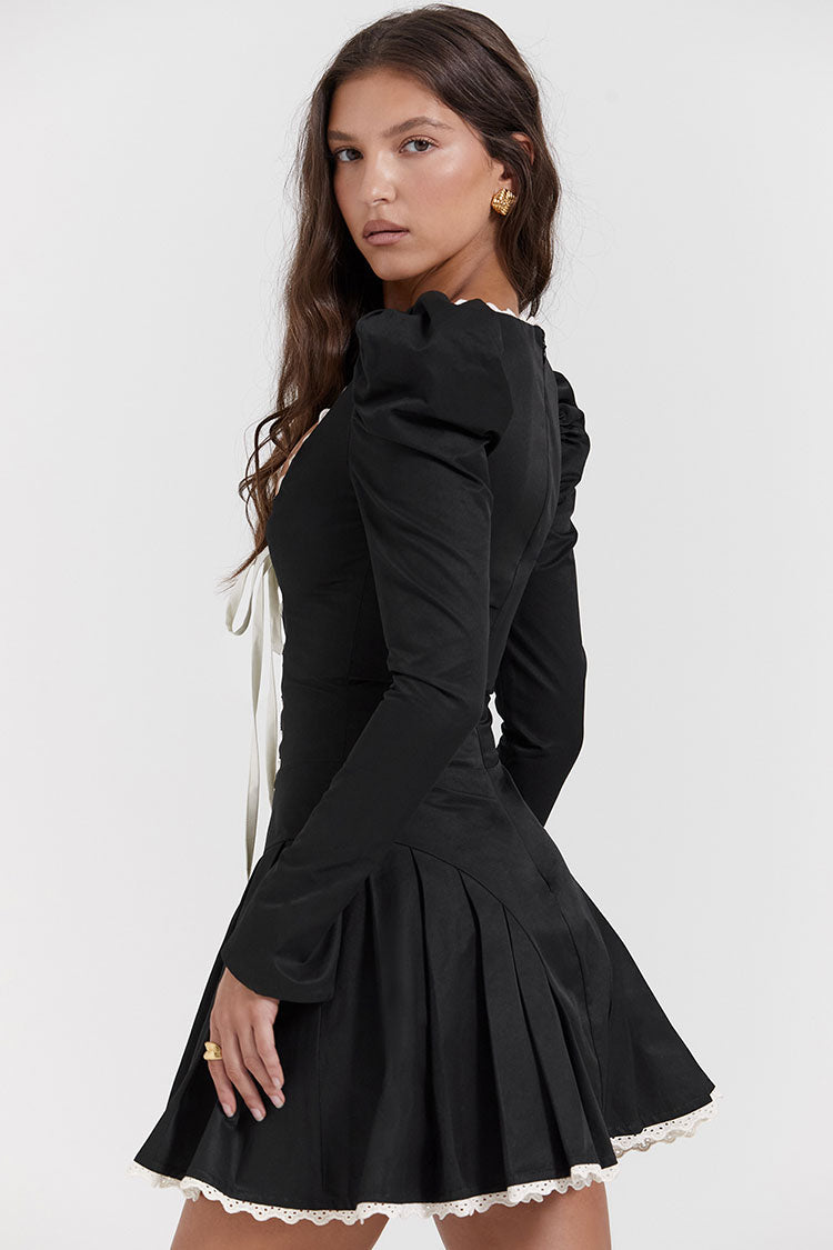 Sexy Lace Up Scoop Neck Puff Sleeve Ruffle Fit & Flare Party Mini Dress - Black