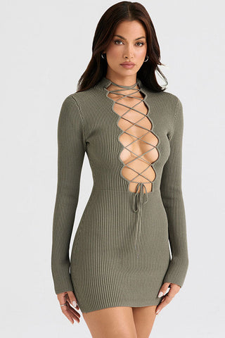 Sexy Mock Neck Lace Up Cutout Front Long Sleeve Bodycon Rib K it Sweater Mini Dress - Green