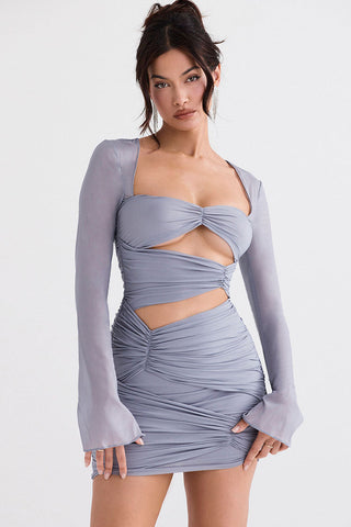 Sexy Sheer Mesh Long Sleeve Cutout Ruched Bodycon Club Mini Dress - Gray