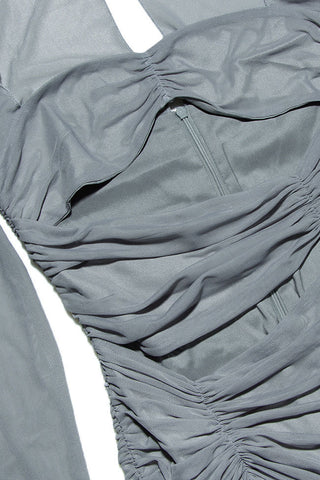Sexy Sheer Mesh Long Sleeve Cutout Ruched Bodycon Club Mini Dress - Gray