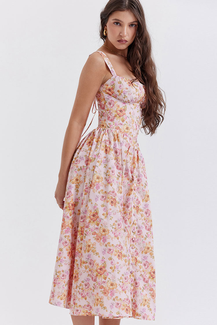 Sexy Square Neck Button Down Lace Up Fit & Flare Printed Midi Sundress - Floral