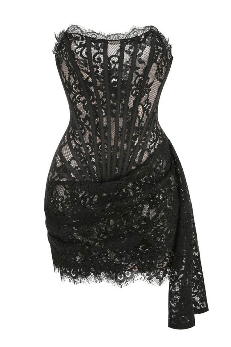 Sexy Sweetheart Neck Ruched Draped Corset Lace Prom Party Mini Dress - Black