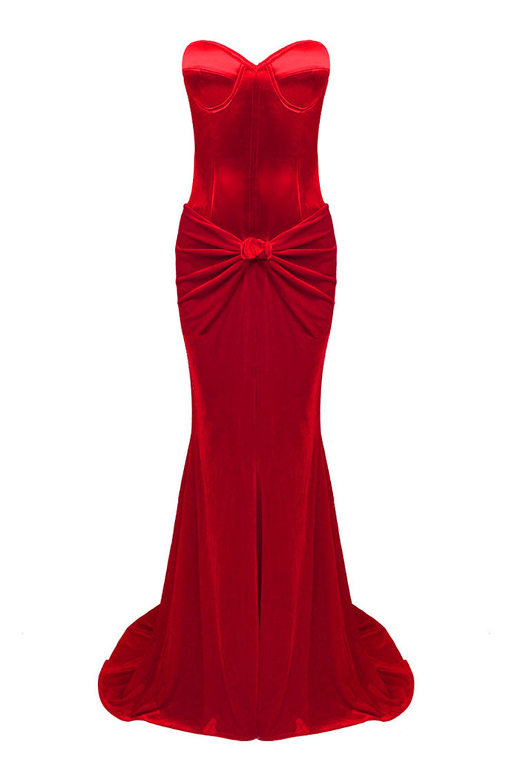 Sexy Sweetheart Satin Top Bowknot High Waist Fishtail Two Piece Maxi Dress - Red