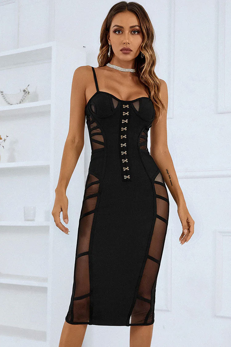 Sexy Sweetheart Spaghetti Strap Mesh Panel Bandage Cocktail Midi Dress - Black
