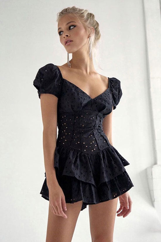 Sexy V Neck Puff Sleeve Broderie Anglaise Ultra Short Ruffle Tiered Dress - Black