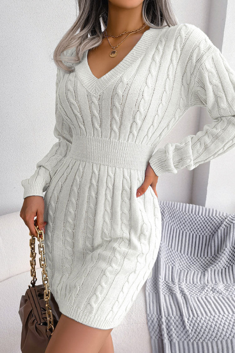Sexy V Neck Winter Fisherman Cable Knit Sweater Mini Dress - White