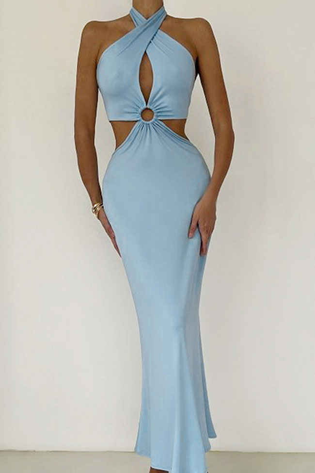 Sexy Wrap Front O Ring Cutout Fishtail Halter Tie Backless Maxi Dress - Blue