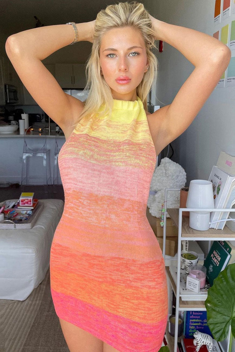 Space Dyed Backless Halter Sweater Mini Beach Vacation Dress - Yellow