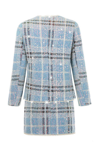 Sparkly Beaded Detail Plaid Tweed Jacket Two Piece Mini Dress - Blue