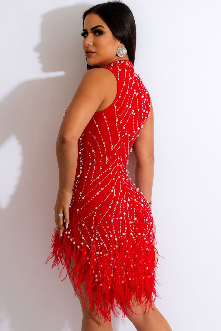 Sparkly Crystal Beaded Sleeveless Sheer Mesh Feather Club Mini Dress - Red