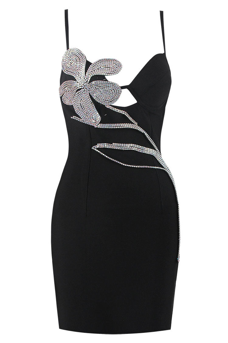 Sparkly Crystal Petal Embellished Bandage Slip Mini Dress - Black