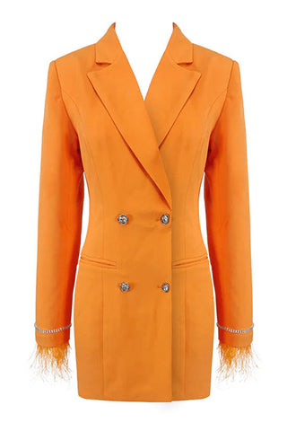 Sparkly Feather Trim Long Sleeve Cutout Back Blazer Mini Dress - Orange