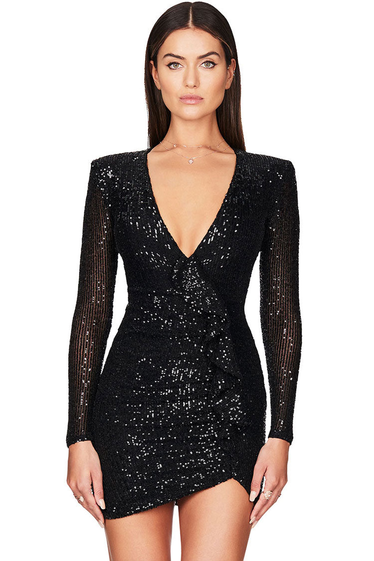 Sparkly Galaxy Long Sleeve Ruffle Deep V Sequin Mini Dress - Black