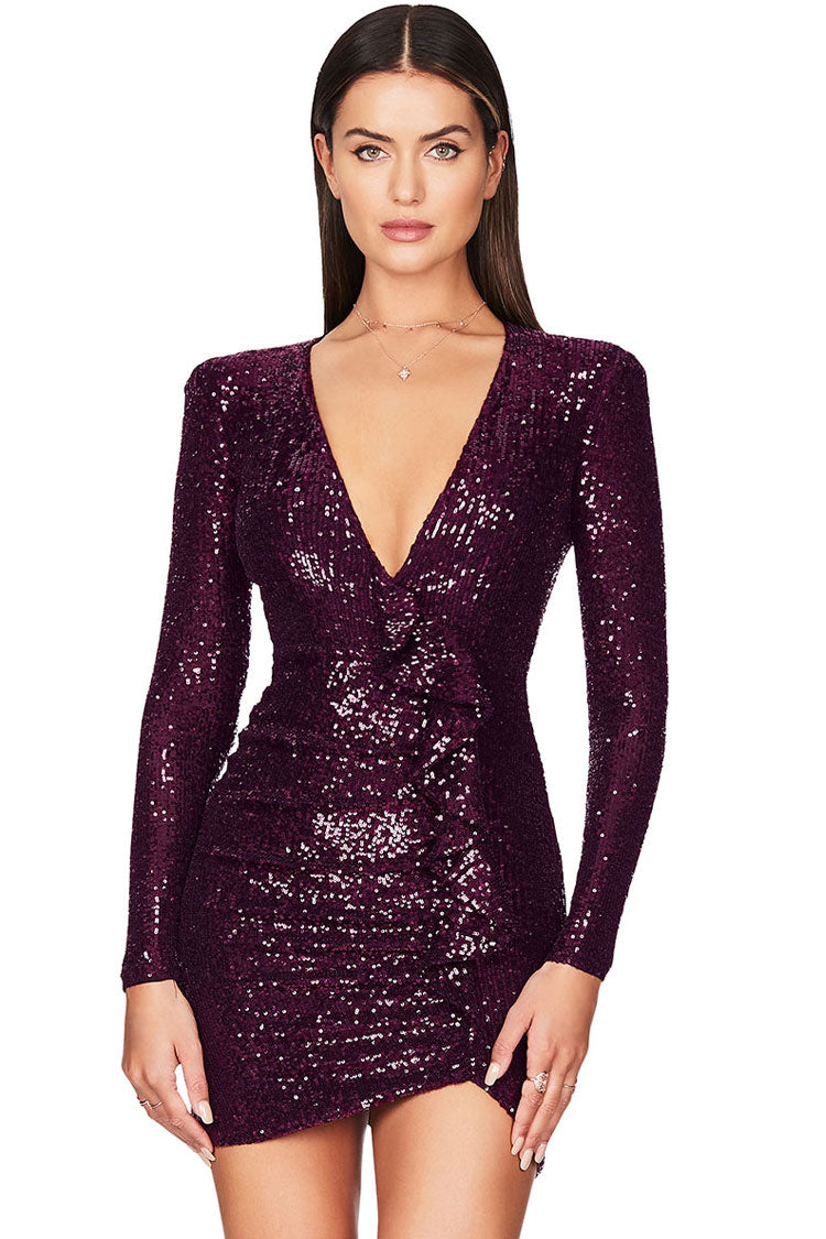 Sparkly Galaxy Long Sleeve Ruffle Deep V Sequin Mini Dress - Burgundy