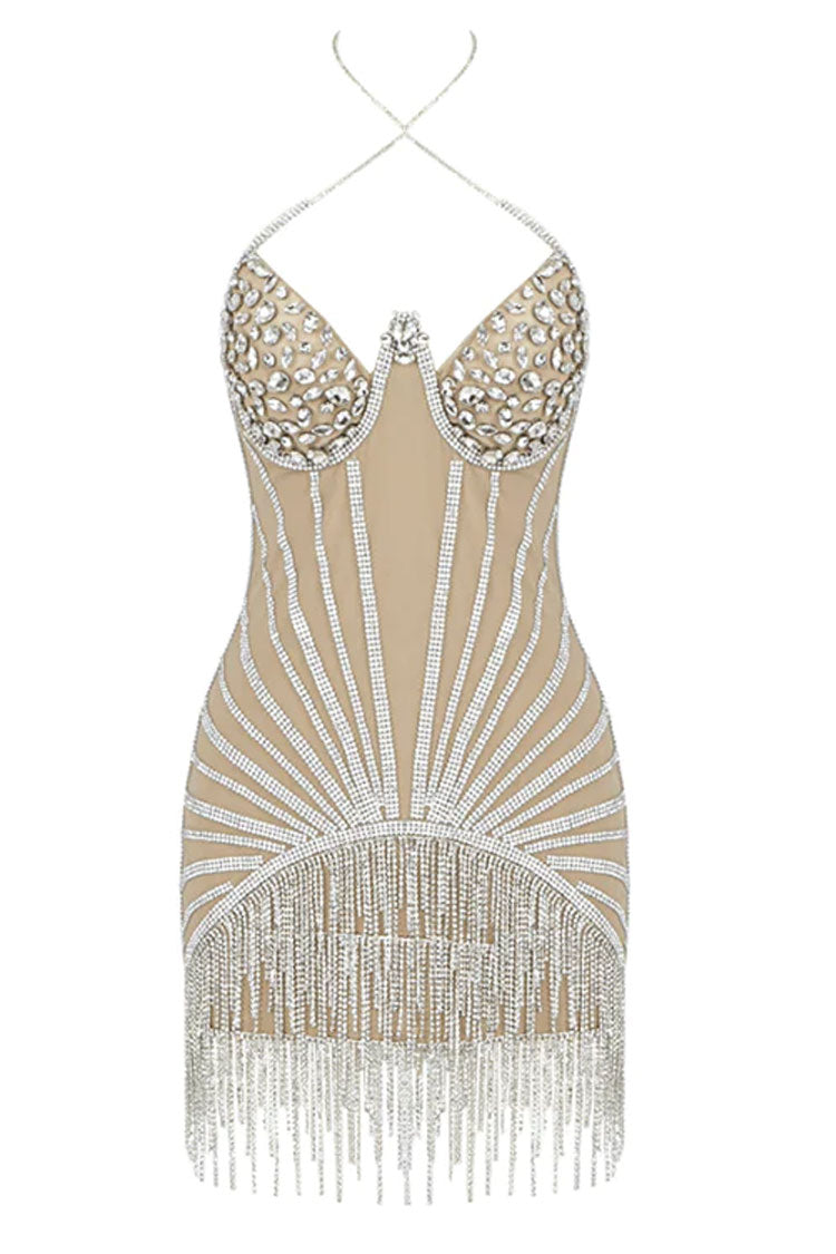 Sparkly Gatsby Rhinestone Fringe Trim Halter Mini Dress - Silver