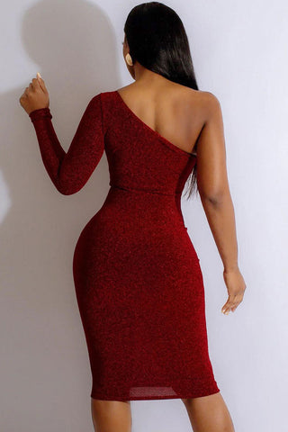 Sparkly Lurex Cutout One Shoulder Long Sleeve Bodycon Cocktail Midi Dress - Red