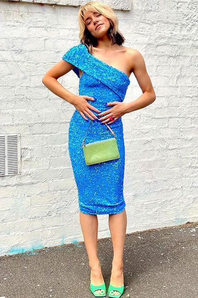 Sparkly One Shoulder Bodycon Velvet Sequin Midi Dress - Blue