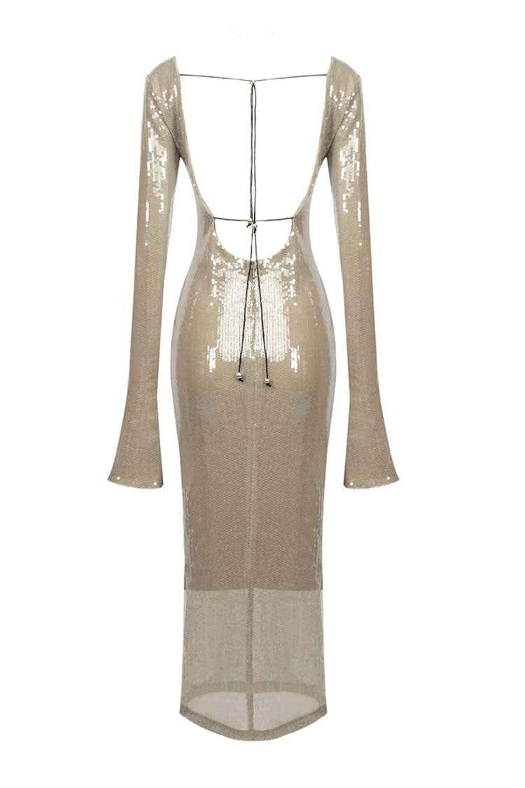 Sparkly Plunge Drawstring Cutout Mesh Sequin Maxi Dress - Nude