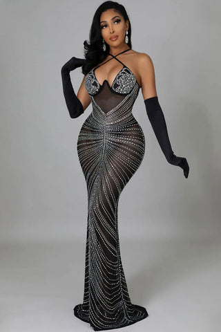 Sparkly Rhinestone Bustier Sheer Mesh Sleeveless Fishtail Evening Maxi Dress - Black