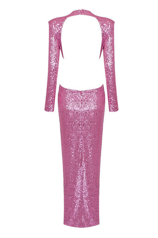 Sparkly Rhinestone Flower Puff Sleeve Cut Out Sequin Maxi Dress - Pink